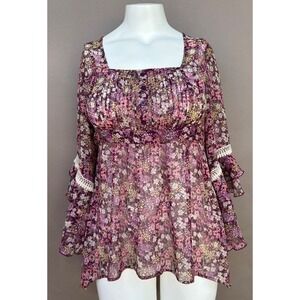 Decree Top L Multi Red Boho Floral Whimsygoth Smocked Bell Sleeve Ruffled Trim